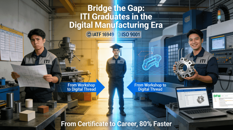 A photo showing an ITI graduate at the entrance of a modern workshop, split by a glowing beam. The left side shows traditional lathes and simple parts, representing foundational skills. The right side shows CNC machines, laptop screens with online platform interfaces and instant quotes, and a complex custom part, symbolizing the digital skills needed for 80% faster career entry.