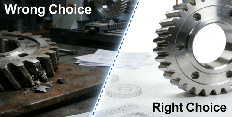 A professional composite image contrasting a failed, rough gear against a perfect, precision-machined gear in front of a modern CNC grinding machine, illustrating the critical choice in selecting a manufacturing partner.